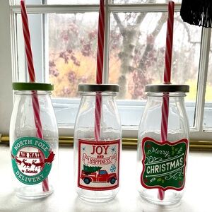Set of 3 Christmas Glass Bottles with Straws – Holiday Decor